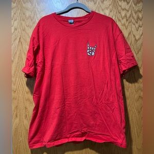 Red Tshirt with Embroidered White Skull Hand Horn Sign